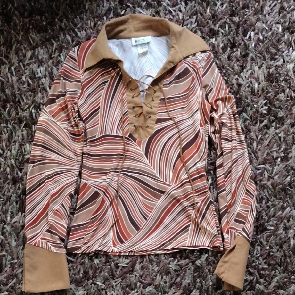 Women's Vintage Retro 70s Vibe Brown and Tan Fitted Shirt Sm